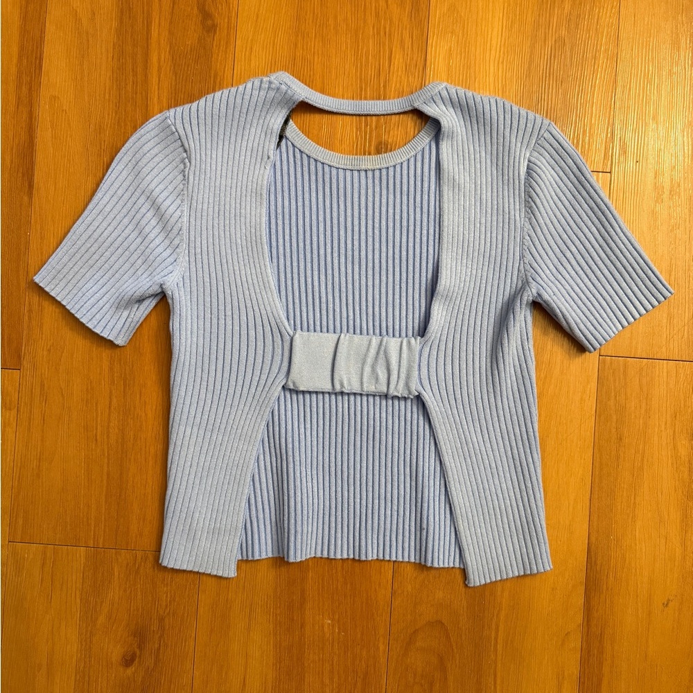 Zara Stylish Blue Ribbed Open Back Women's Top